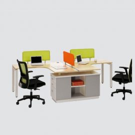 Two persons workstation with divider constructed of laminated wood with ms powder coating frame