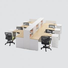 L shape Workstation made of lamination of approved color / shade, with matching PVC edging,workstation having provision for 04 drawers, having BSN finished Zinc handles.
